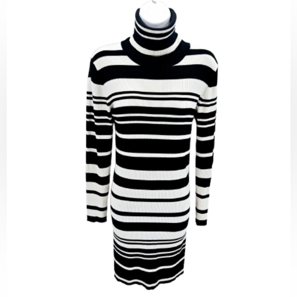 Black White Striped Turtleneck Sweater Dress Bodycon Knit Size M